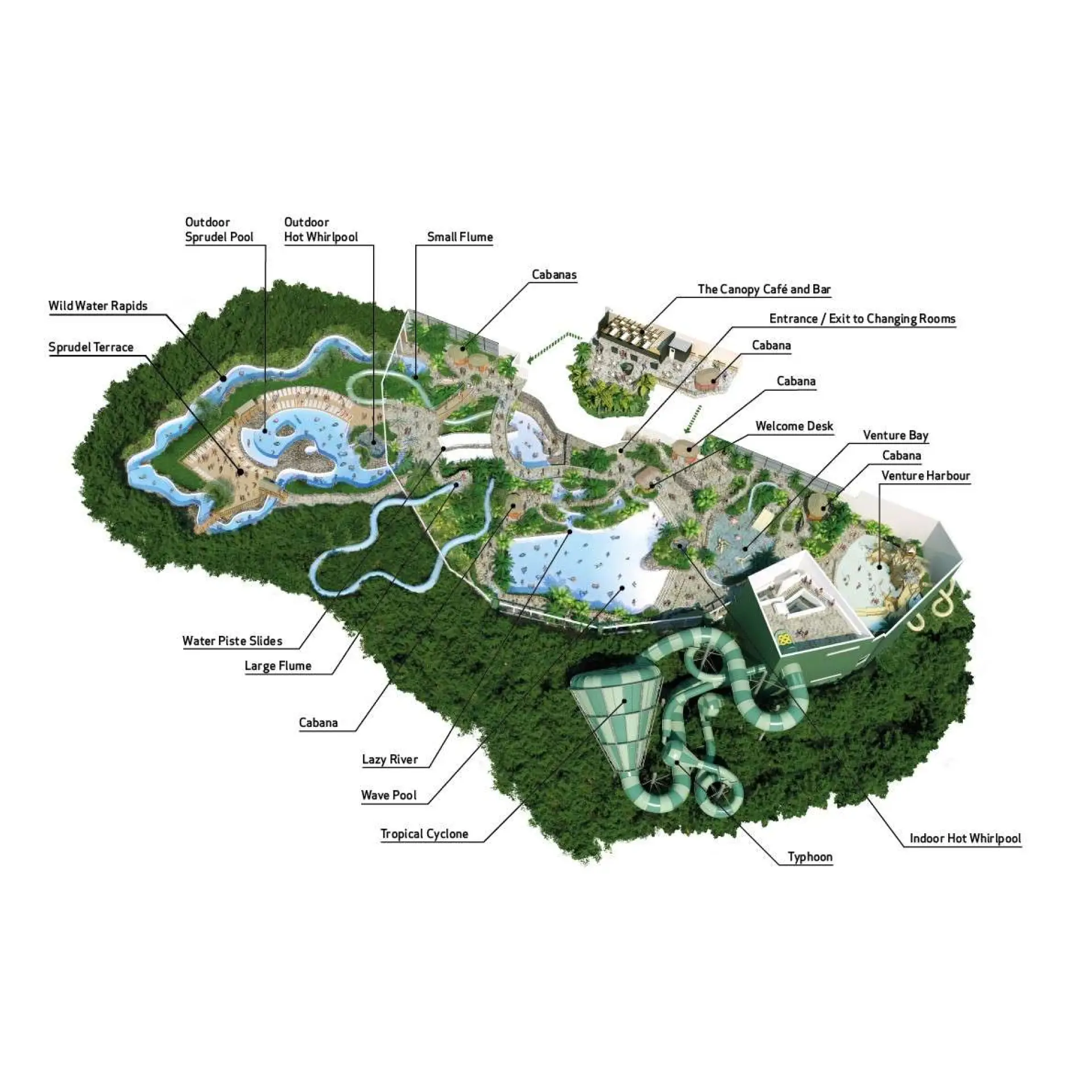 Illustrated map of the Subtropical Swimming Paradise at Center Parcs in Longleat water park, highlighting major features like the wave pool, lazy river, flumes, Wild Water Rapids, Venture Bay, Tropical Cyclone, and on-site cabanas.