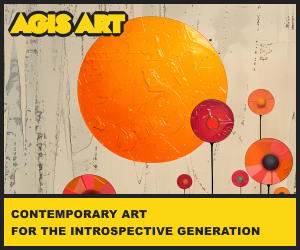 AGIS Digital Art banner – abstract orange sun and modern floral forms promoting contemporary art gallery