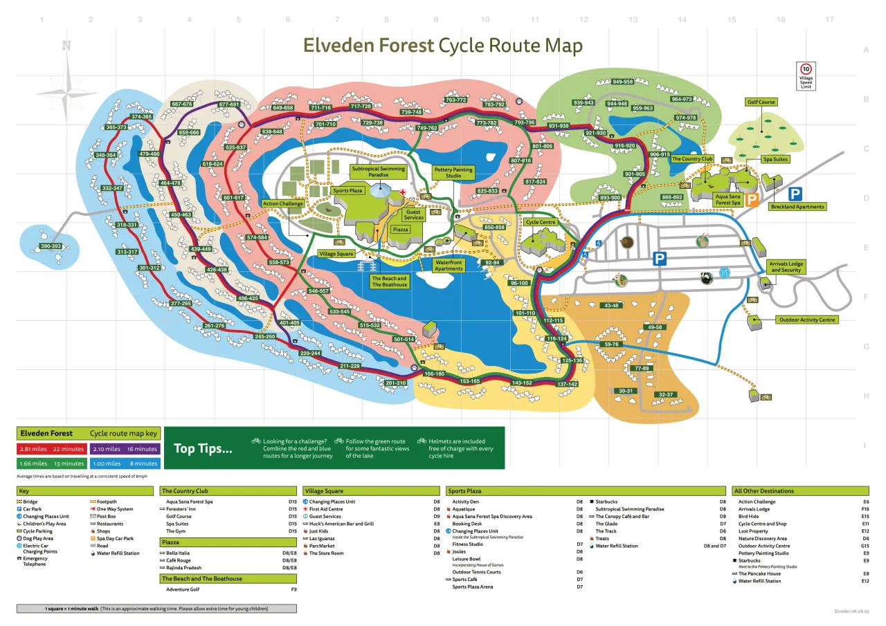 Elveden Forest cycle route map — red, blue and green loops around the lake with distances, linking the Cycle Centre, Plaza and Subtropical Swimming Paradise.