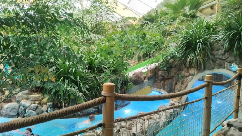 Guests enjoying the Wild Water Rapids at Center Parcs Elveden Forest, surrounded by tropical plants, rock tunnels, and flowing water features.