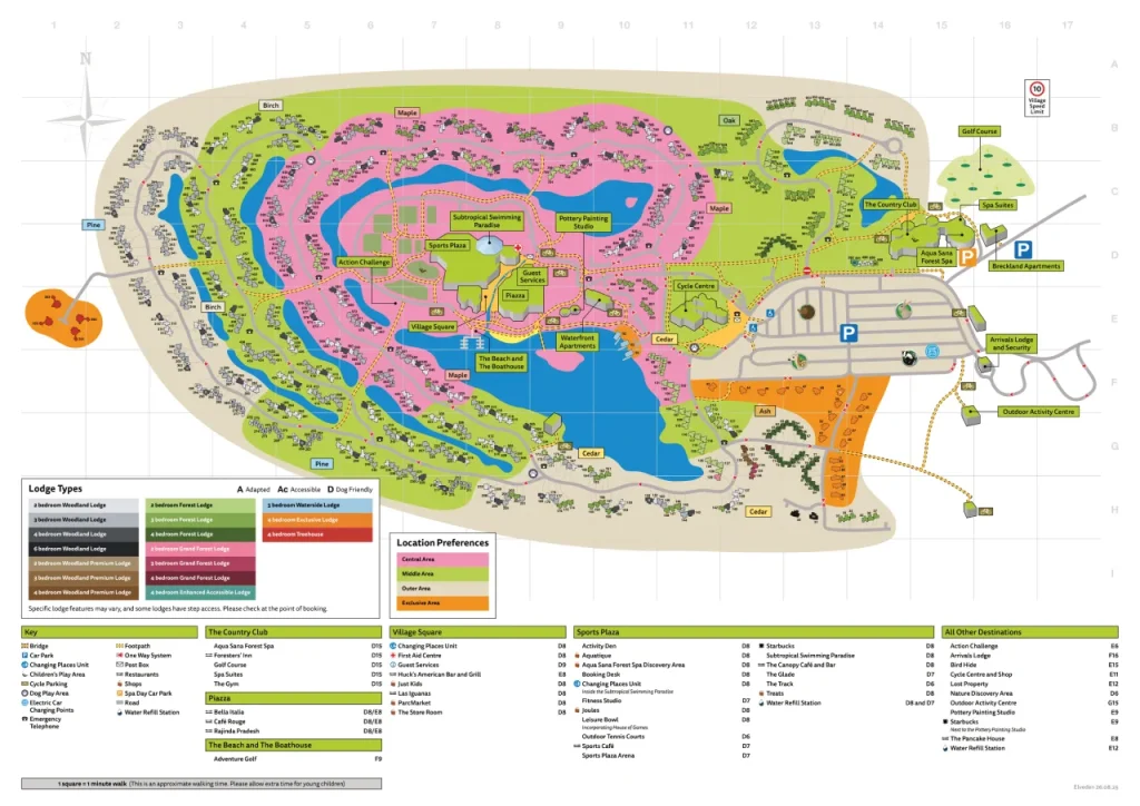 Center Parcs Elveden Forest map — showing the Subtropical Swimming Paradise, Plaza, Village Square, lake, Aqua Sana spa, Waterside Lodges, car parks and paths.