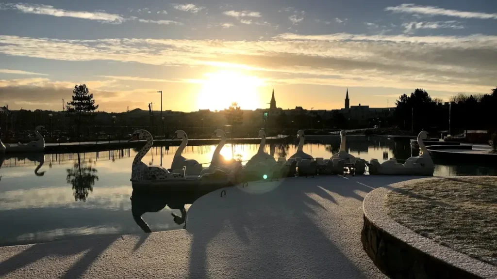Pickie Funpark swan pedal boats at sunrise with a frosty waterfront and Bangor skyline in Northern Ireland.
