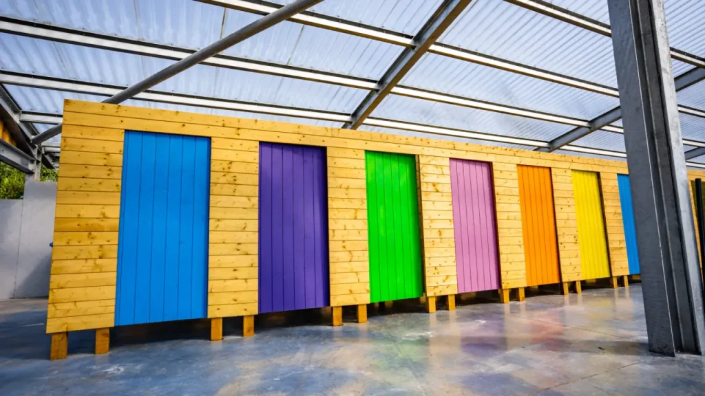 Colourful changing cubicles under a covered area at Splash Outdoor Waterpark in Northern Ireland, featuring blue, purple, green, and orange doors.