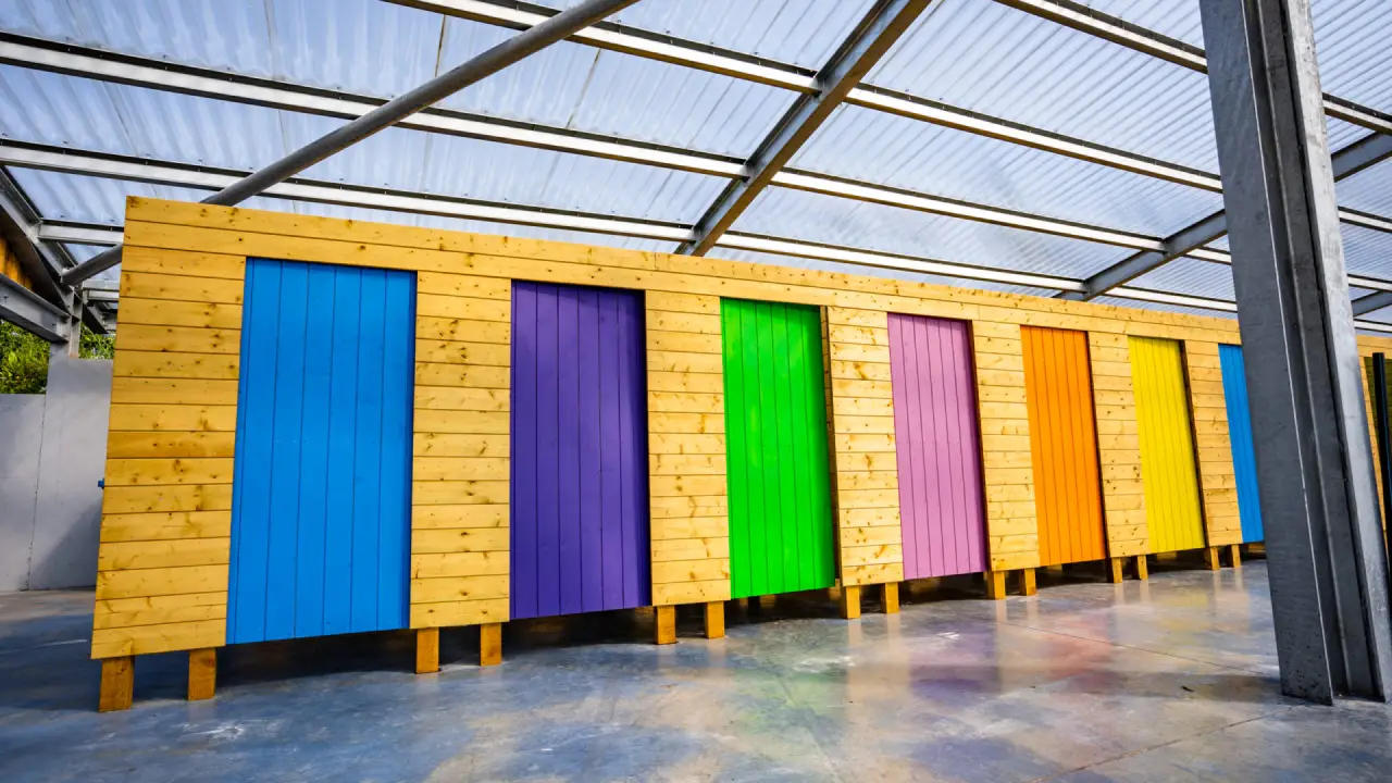 Colourful changing cubicles under a covered area at Splash Outdoor Waterpark in Northern Ireland, featuring blue, purple, green, and orange doors.