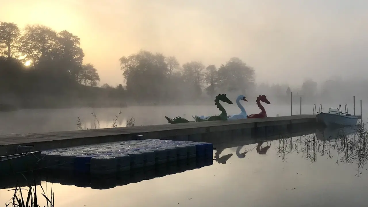 Dragon and swan pedal boats lined up on a dock at The Lake Kilrea Waterpark during an early morning misty sunrise, with trees in the background.