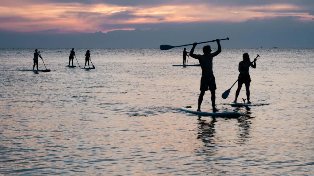 Paddleboarding at sunset near Brean—an ideal way to explore the calm coastal waters around Somerset’s scenic shoreline.