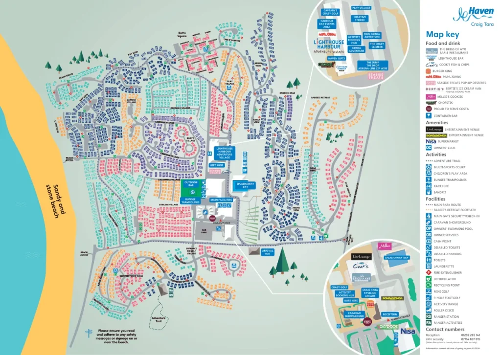 Craig Tara Holiday Park map, Ayr, Scotland — showing Splashaway Bay indoor water park (holiday park swimming pool) next to the main complex, restaurants, car park and beach access, with accommodation villages and on-site amenities marked.