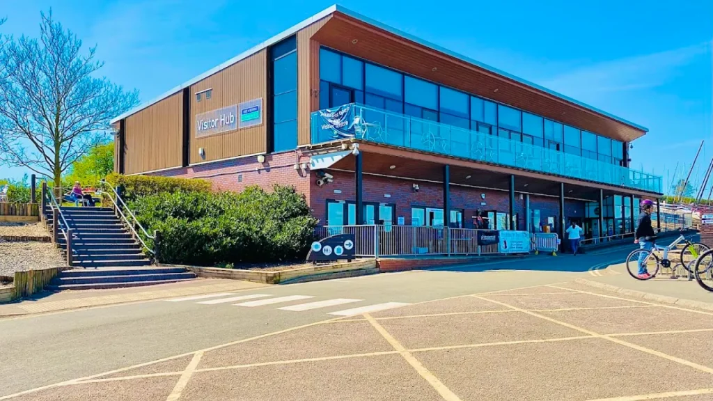Visitor Hub building with café and glass balcony at Draycote Water.