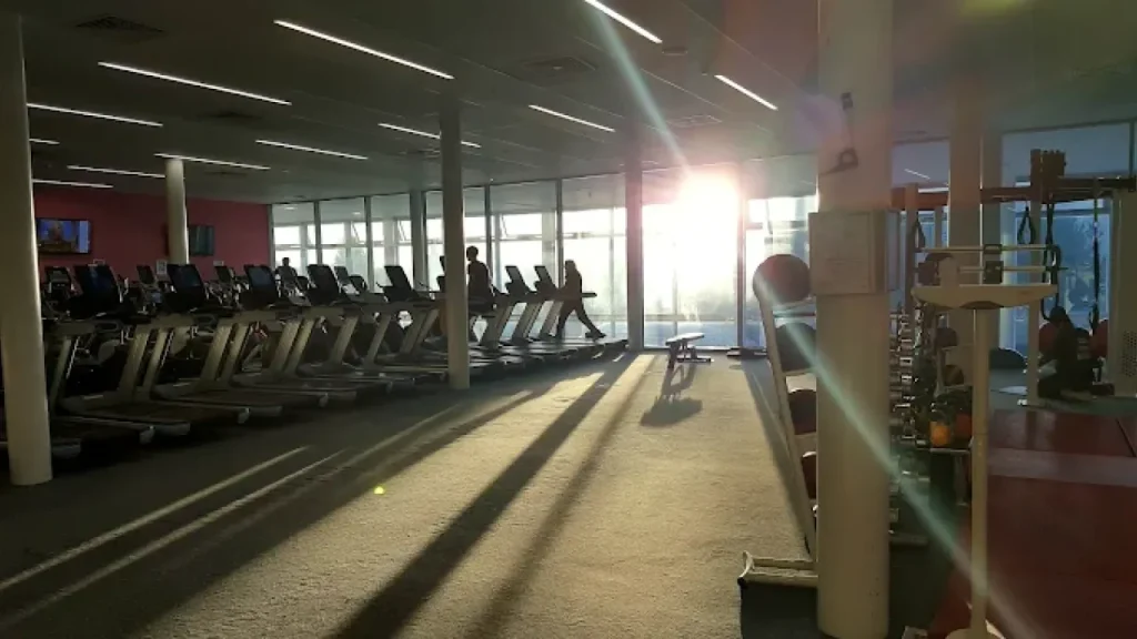 Cardio and weight training gym at Hengrove Park Leisure Centre during sunrise.