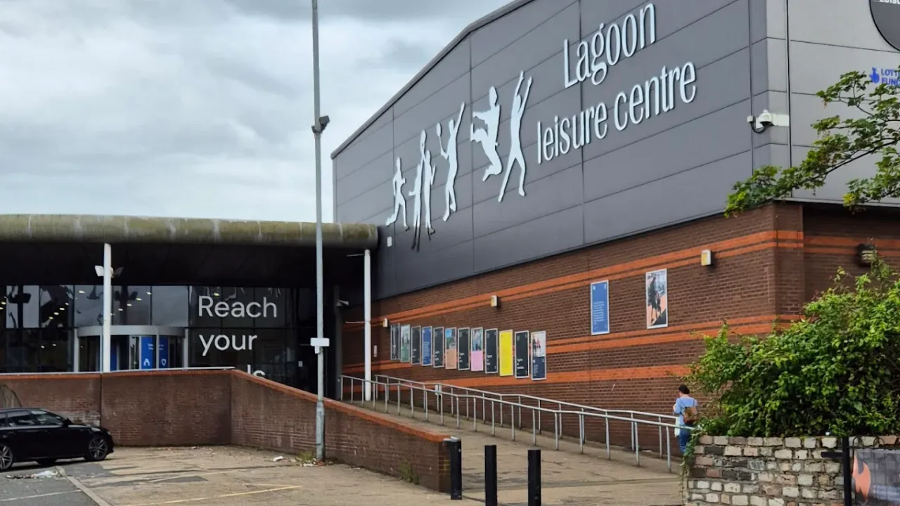 Lagoon Leisure Centre side entrance with accessibility ramp and motivational signage.