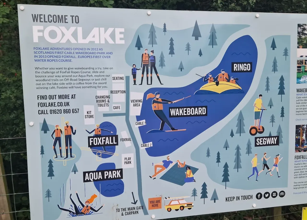 Illustrated map of Foxlake Adventures showing the layout of the park with activities such as Aqua Park, FoxFall, wakeboarding, ringos, and segways.