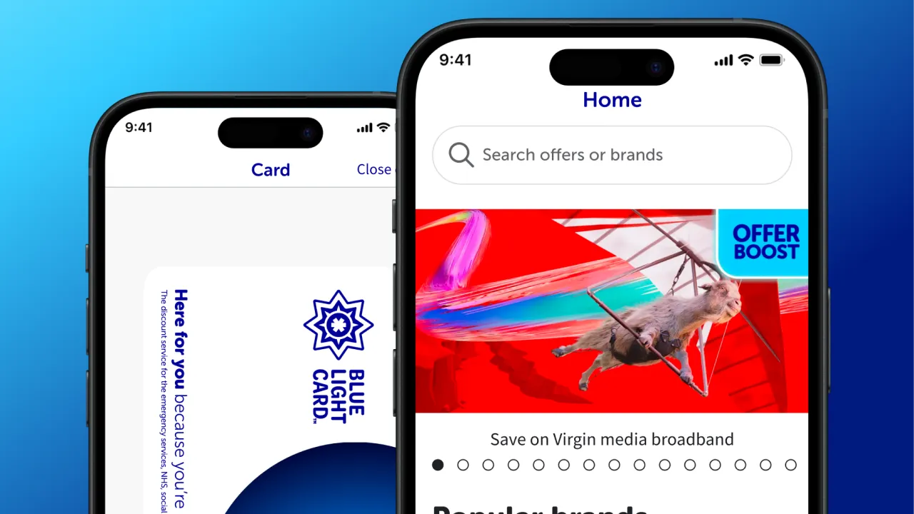 Two smartphones showing the Blue Light Card app, with a digital membership card on one screen and the app home page with a search bar and featured offers on the other.